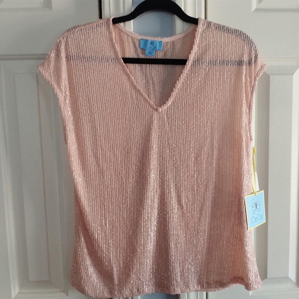 CeCe Blush Sequins V Neck Top M